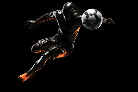 soccer player in mid air kicking ball on a black backgroundの素材