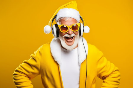 Funky crazy Santa Claus dj headset sing song sound melody listen music on yellow background.の素材