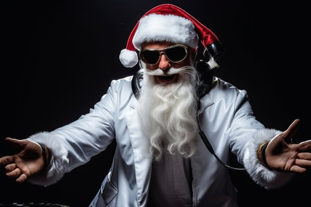 Funky crazy Santa Claus dj in white headset sing song sound melody listen music dance on black color backgroundの素材