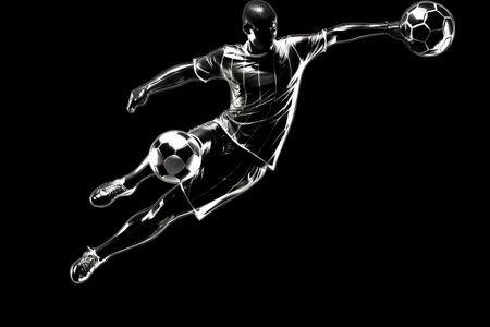 soccer player in mid air kicking ball on a black backgroundの素材