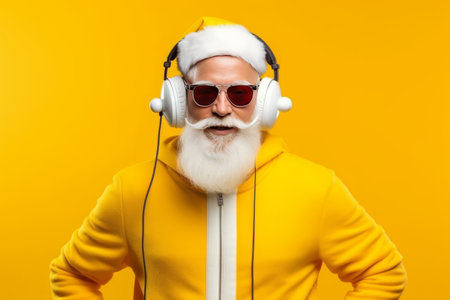 Funky crazy Santa Claus dj headset sing song sound melody listen music on yellow background.の素材