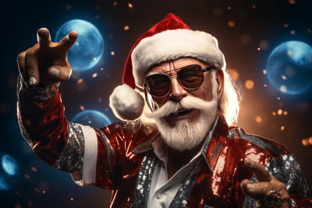 retired old man gray beard hold vintage disco ball dance funky wear santa x-mas costume suspenders sunglass glovesの素材