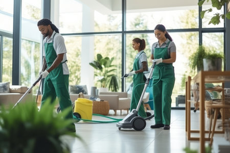 Professional mixed race janitors in uniform doing spring cleaning of modern house.の素材