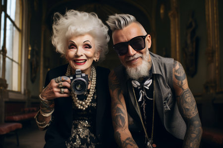 smiling old tattooed fashion woman with bold hair smoking a cigaretteの素材