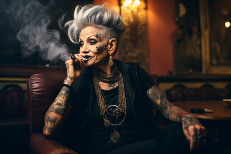 smiling old tattooed fashion woman with bold hair smoking a cigaretteの素材