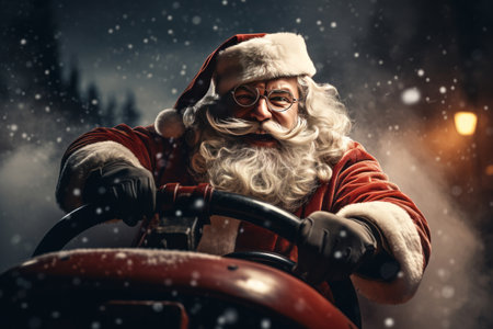 Santa Claus driving red sports car on Christmas day's, delivering presents.の素材