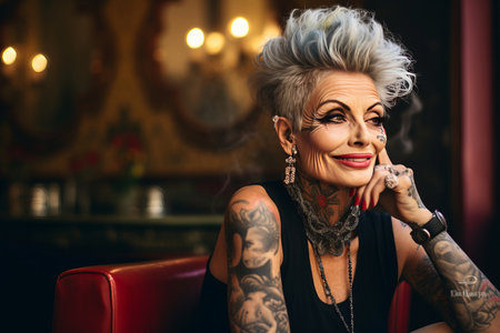 smiling old tattooed fashion woman with bold hair smoking a cigaretteの素材