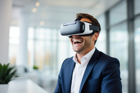 portrait of smiling man wearing Virtual Reality glassesの素材