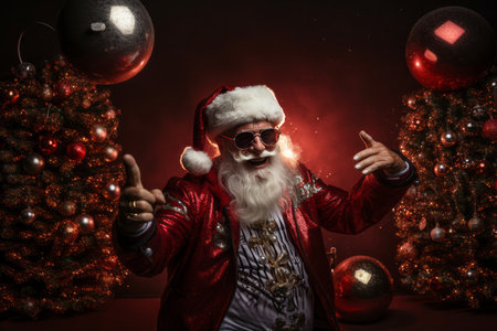 retired old man gray beard hold vintage disco ball dance funky wear santa x-mas costume suspenders sunglass glovesの素材