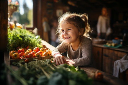 Happy child looking at box full of vegetables on kitchen tableの素材
