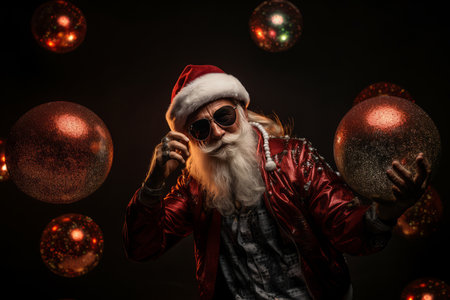 retired old man gray beard hold vintage disco ball dance funky wear santa x-mas costume suspenders sunglass glovesの素材