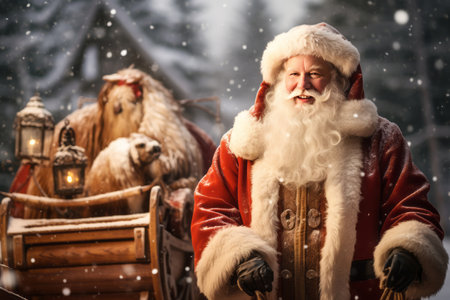a happy and cheerful Santa Claus standing by a sleighs in North Pole.の素材