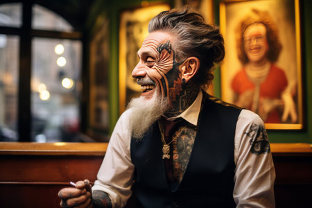 smiling old tattooed fashion man with bold hair smoking a cigarette in a churchの素材