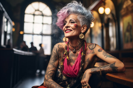 smiling old tattooed fashion woman with bold hair smoking a cigaretteの素材