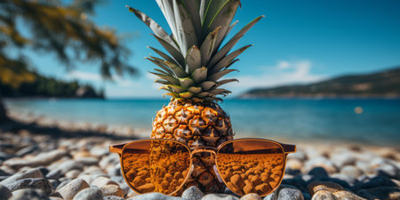 pineapple wearing sunglasses in a tree on the shoreの素材