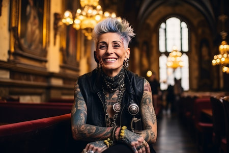 smiling old tattooed fashion woman with bold hair smoking a cigaretteの素材