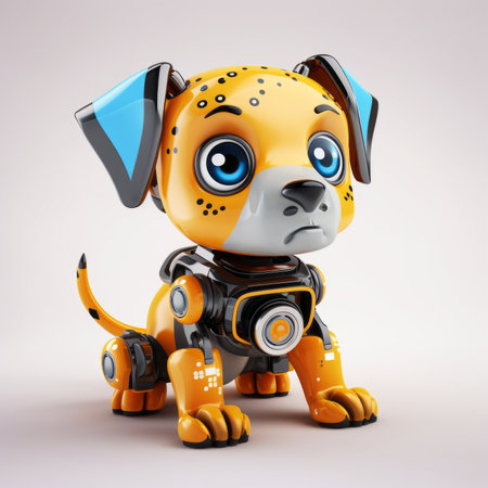Cute dog robot, funny puppy, robotic animal isolated over white backgroundの素材