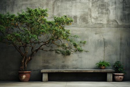Concrete wall and green tree. Abstract urban backgroundの素材