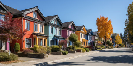 Colorful stucco traditional private townhouses. Residential architecture exteriorの素材