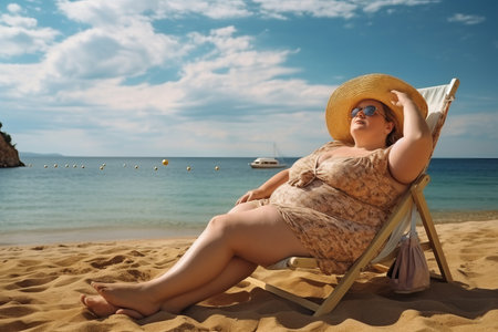 A fat woman enjoys her vacation. sitting relaxing on the beach, in the background the beach and the sea.の素材