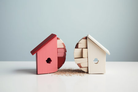 Divorce, division of property, poverty and no money concept. Wooden broken house on light backgroundの素材