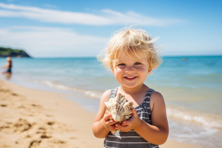 Adorable little child with blond hair eating watermelonの素材