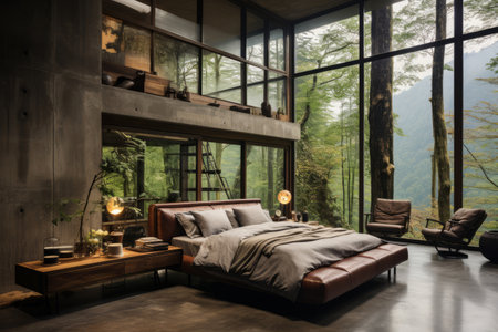 Bed in minimalist room with panoramic windows and concrete walls. Loft interior design of modern bedroom in luxury house in forestの素材