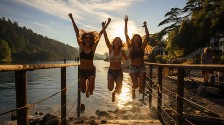 Friends leaping off a wooden dock into a sparkling lakeの素材