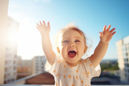 Funny kid girl playing outdoor surprised emotional child in sunglasses 1 years old baby raised hands family vacationsの素材