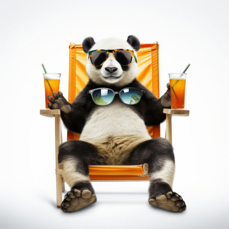 Funny panda bear wearing stylish sunglasses holding glassの素材