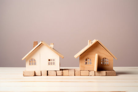 Divorce, division of property, poverty and no money concept. Wooden broken house on light backgroundの素材