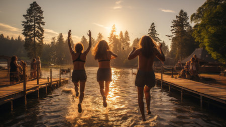 Friends leaping off a wooden dock into a sparkling lakeの素材