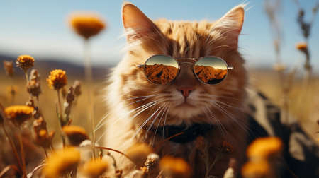 cute red cat in a funny outfit and sunglasses. bouquet of eyes judging an insane ludicrous creature in a beautiful field of doom.の素材