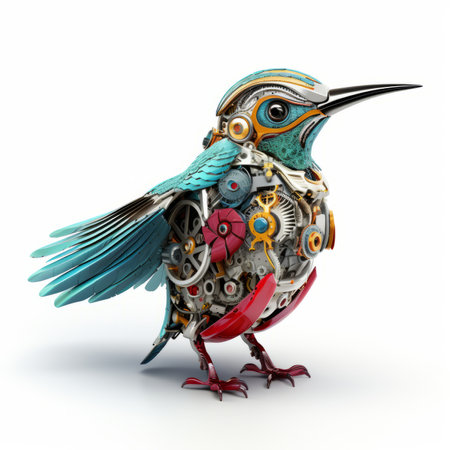 Colorful hummingbird robot, robotic bird isolated over white backgroundの素材