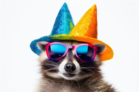 Funny party raccoon wearing colorful summer hat and stylish sunglasses isolated over white background. Colorful joyful greeting card for birthday or other festive eventsの素材