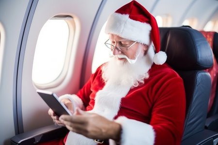 Santa Claus in airplane with citizens, Using smartphone or tablet traveling,Holiday,Merry Christmas,technology,transport conceptの素材