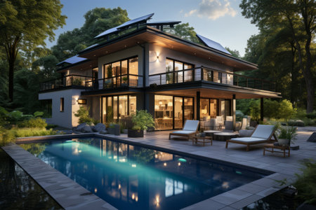 Exterior of beautiful modern house with solar panels on roof. Luxury villa with terrace and swimming poolの素材