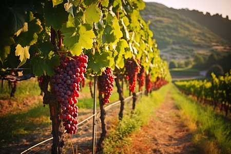 Grape field growing for wine. Red grapes close-up, Vineyard hills. Summer scenery with wine yard rowsの素材