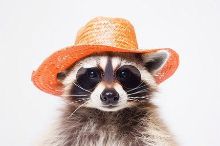Funny party raccoon wearing colorful summer hat and stylish sunglasses isolated over white background. Colorful joyful greeting card for birthday or other festive eventsの素材