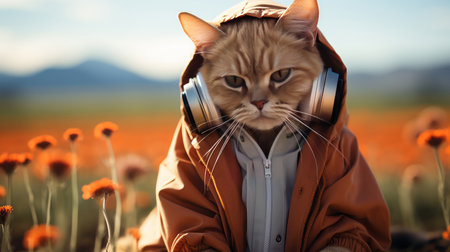 cute red cat in a funny outfit and sunglasses. bouquet of eyes judging an insane ludicrous creature in a beautiful field of doom.の素材