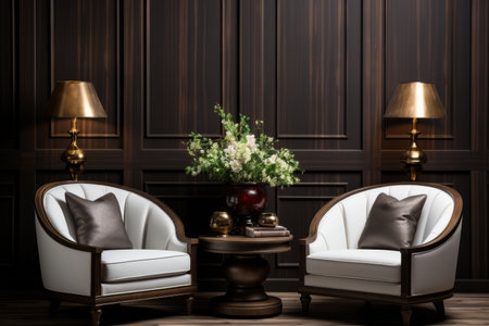 Two leather mid-century armchairs and wooden coffee tableの素材