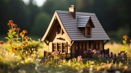 Wooden model of house on grassの素材