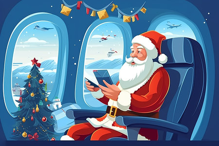 Illustration Santa Claus in airplane with citizens, Using smartphone or tablet traveling,Holiday,Merry Christmas,technology,transport concept.の素材