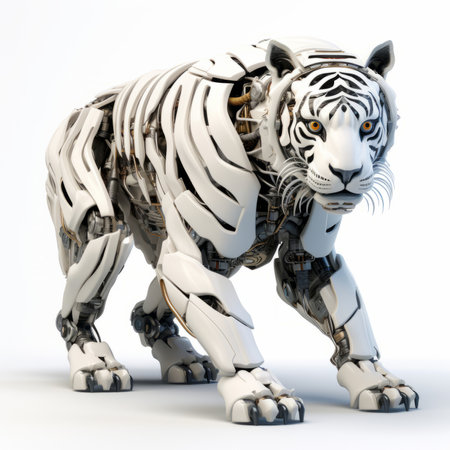 White tiger robot, robotic animal isolated over white backgroundの素材
