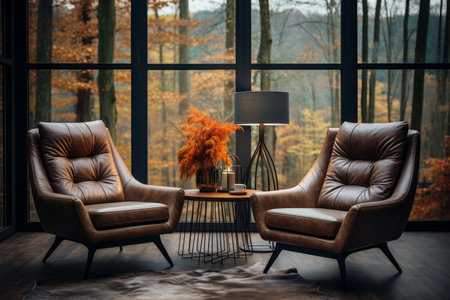 Two leather mid-century armchairs and wooden coffee tableの素材