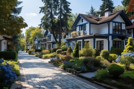 Street with traditional private houses. Residential architecture exteriorの素材