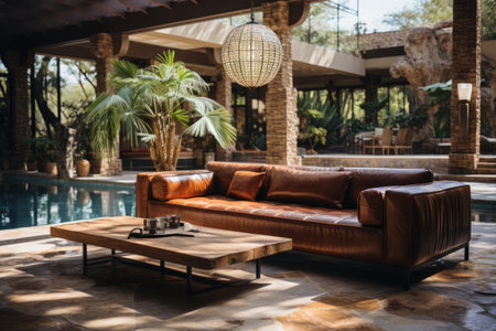 Terra cotta leather sofa in minimalist room with swimming pool in patio view. Interior design of modern living room in luxury villaの素材