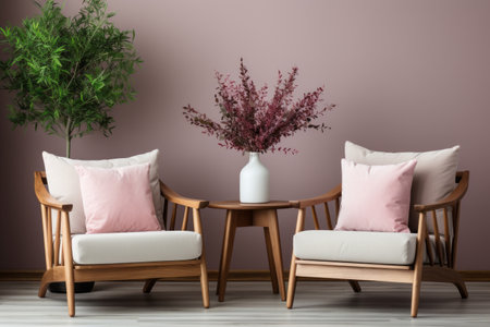 Two armchairs in room with white wall and big frame poster on it. Scandinavian style interior design of modern living roomの素材