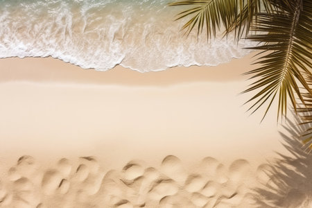 Tropical beach background with white sand, palm tree shadows,summer holiday background. Travel and beach vacation, copy space for text. top viewの素材