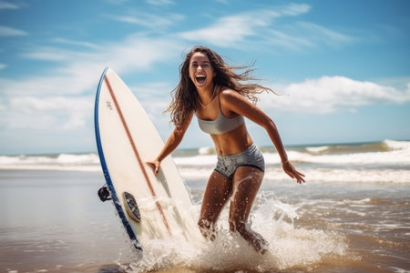 Adventurous female surfer having fun at the beach in summerの素材
